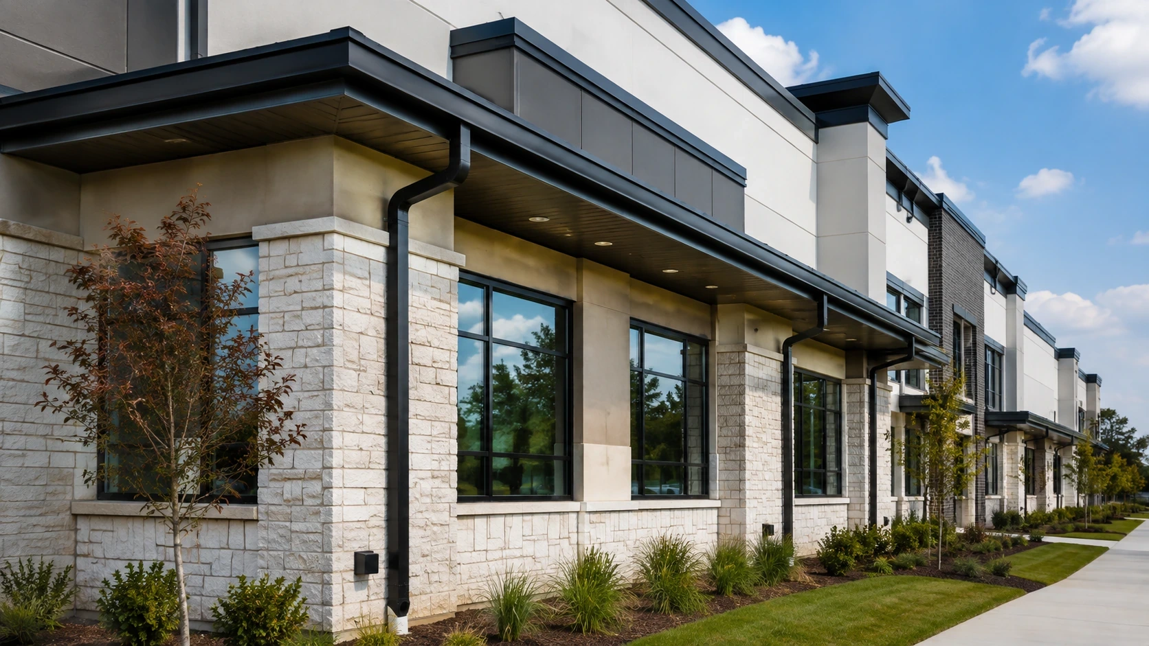 Commercial rain gutter and downspout system