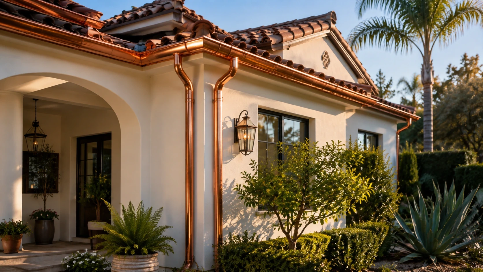 Copper rain gutter detail on a Southern California roofline