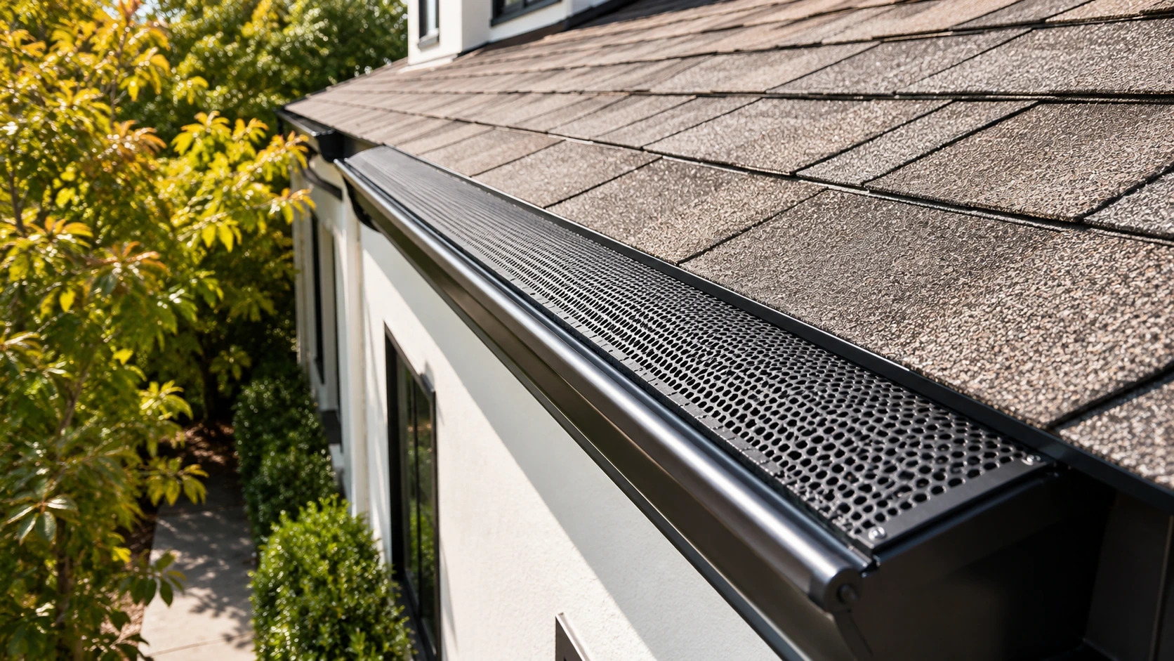 Gutter protection system installed along a residential roof edge