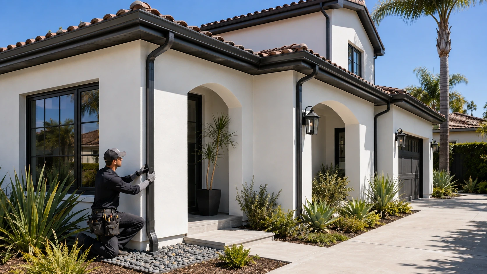 Residential rain gutter and downspout system on a Southern California home