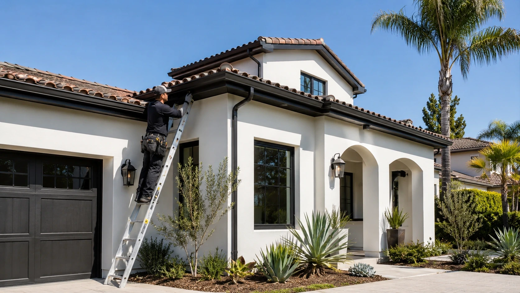 Technician aligning rain gutter installation along a residential roof edge