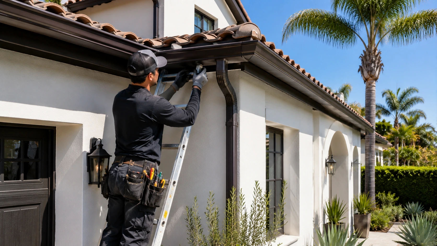 Technician inspecting and repairing a residential rain gutter