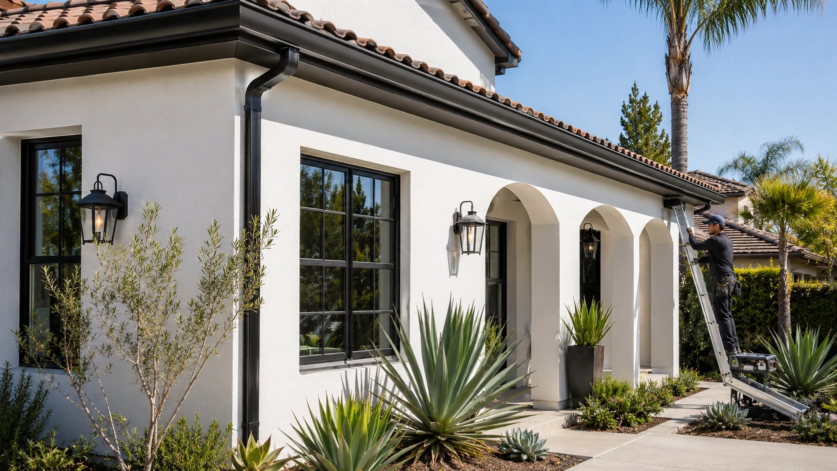 Seamless aluminum rain gutters following a residential roofline